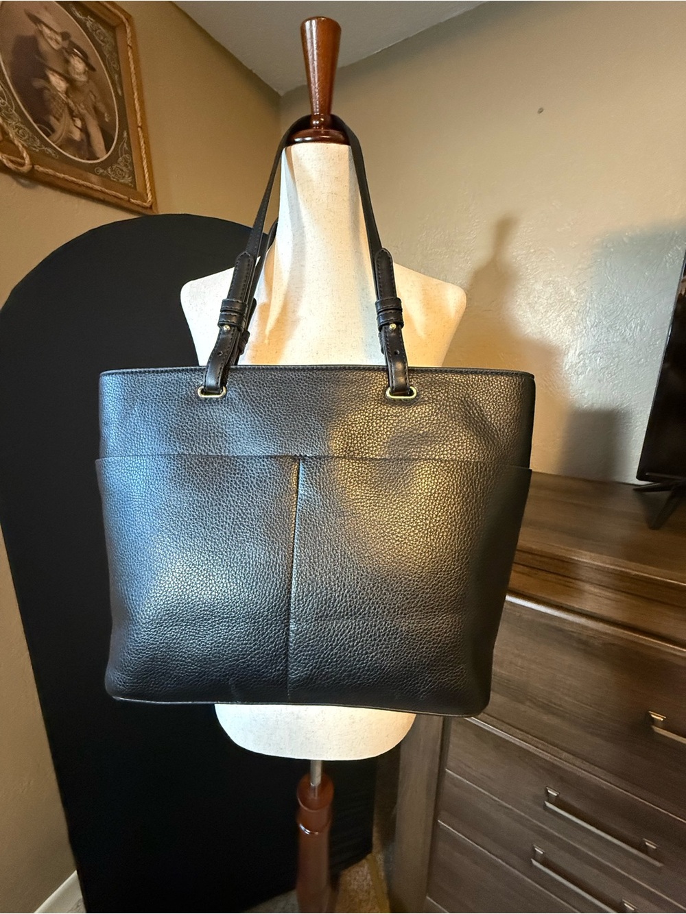 Michael Kors Black Pebbled Leather Tote with Front Pockets - Picture 2 of 10